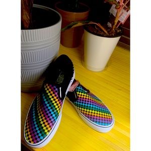 NWOT Vans Rainbow Mini Check Black Slip-On Shoes Size 10
